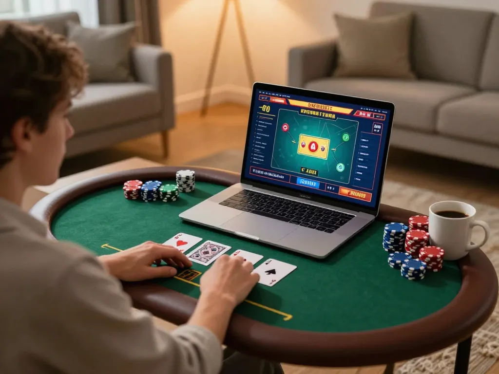 Person playing live dealer game on https://lc88.jpn.com/ with cozy home ambiance and poker chips.