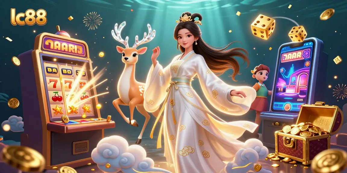 Engage in thrilling gameplay at lc88 with a captivating casino illustration showcasing jackpots and colorful game elements.
