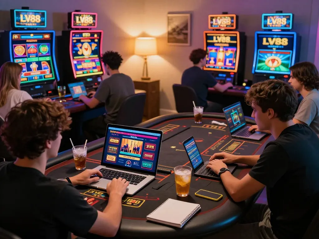 Players strategizing online with LV88 casino games in a cozy home environment