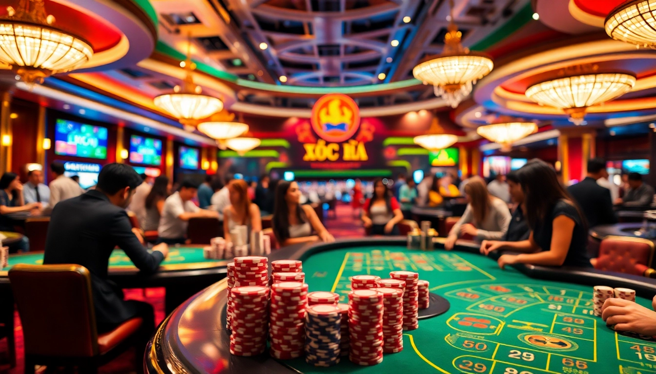 Xóc đĩa online có can thiệp không showcased in a vibrant casino atmosphere with players engaging.