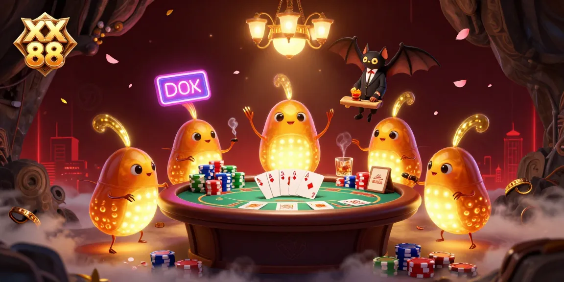 Experience the vibrant XX 88 casino atmosphere illuminated by glowworms with poker elements in play.