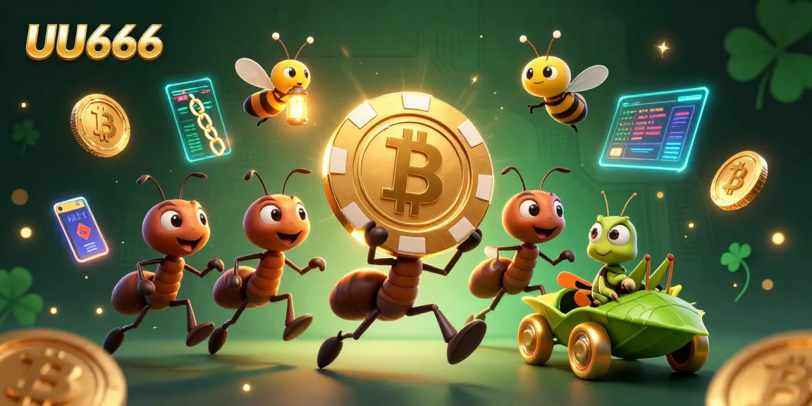 Experience UU666’s thrilling gameplay with ants heisting a giant poker chip amidst crypto elements.