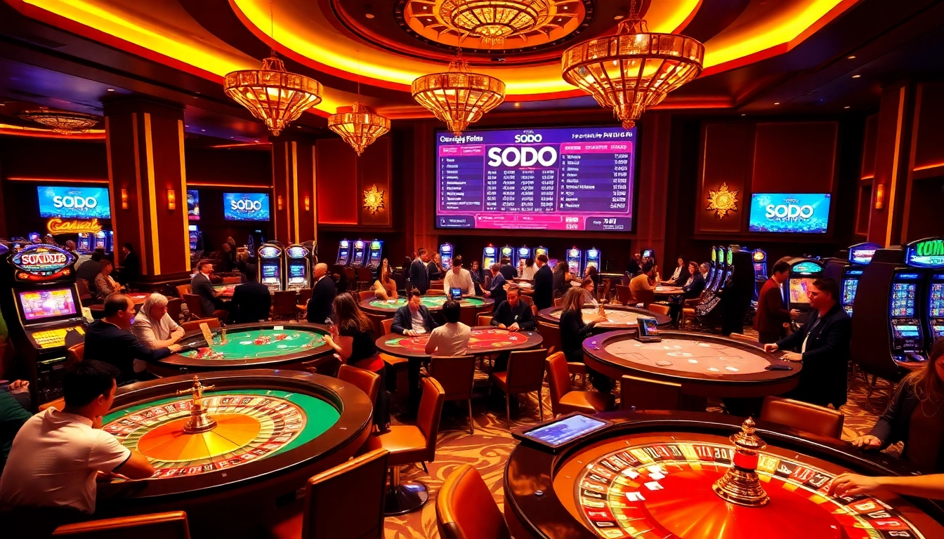 SODO Casino players engage at roulette and poker tables in a vibrant gambling atmosphere.