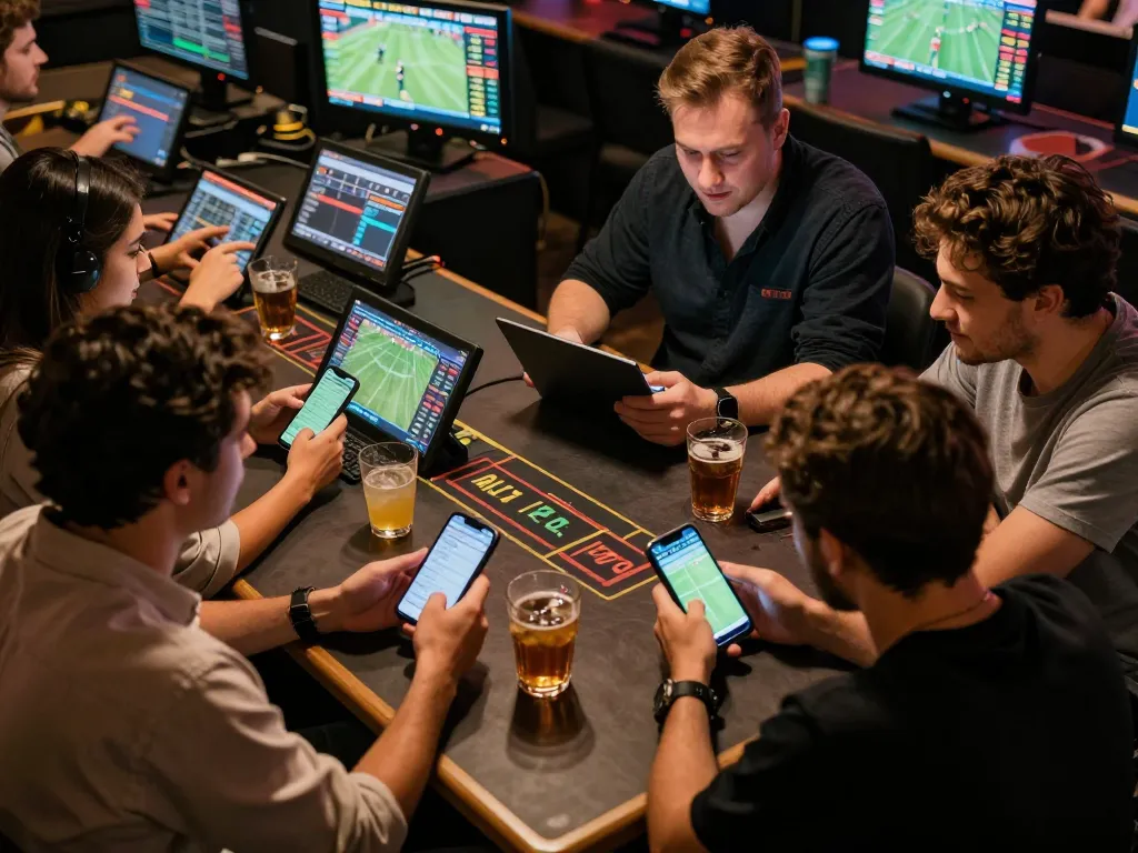 Friends enjoying sports betting with ALO8 PRO, analyzing live odds and data together.