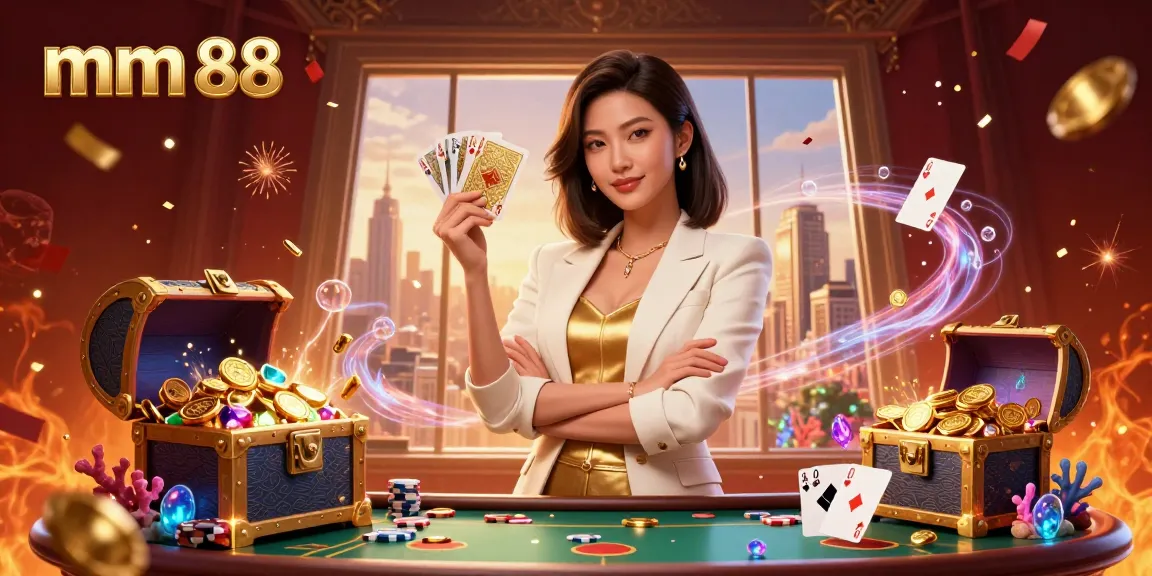 Experience the excitement at mm 88 with a glamorous Asian businesswoman displaying her winning cards amid vibrant casino elements.