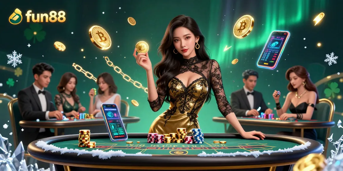 Engage with fun88's glamorous casino experience, showcasing VIP baccarat tables and golden chips.