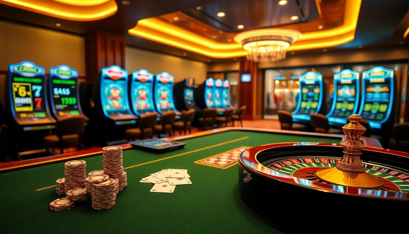 Experience the thrill of RR88 with vibrant casino tables, poker chips, and roulette wheels.
