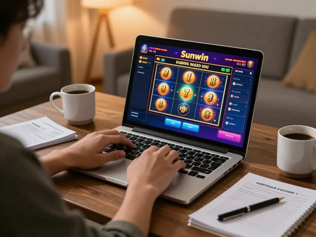 Engaging in Sunwin online gaming with laptop setup, showcasing casino excitement and personal strategy.