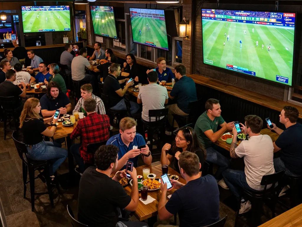 Fans intensely watching live games on screens while engaging with vebo tv's mobile betting app at a lively sports bar.