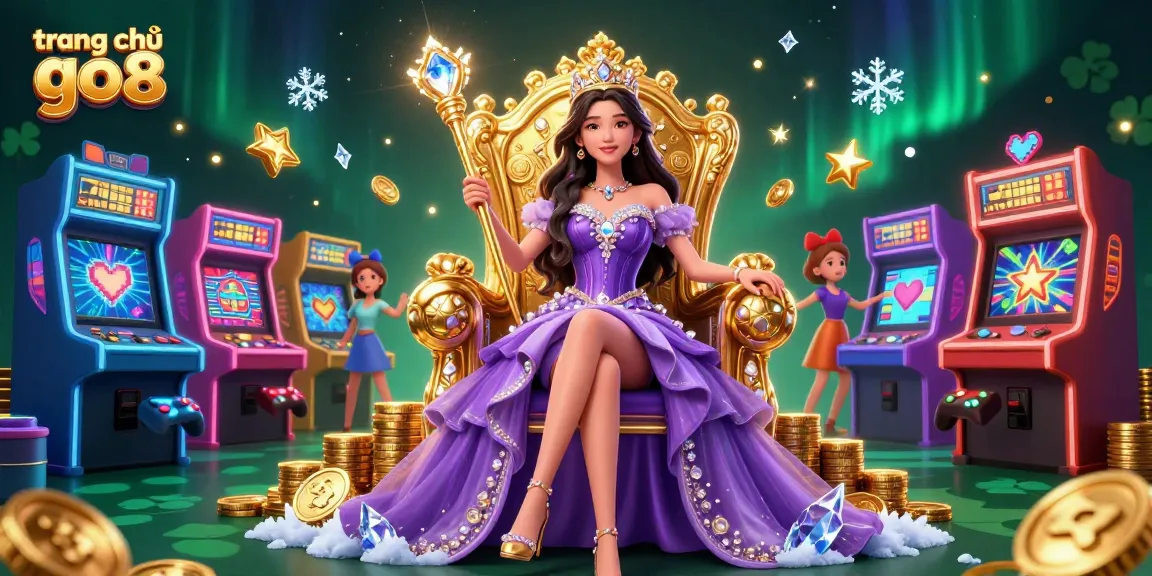Experience the excitement of trang chủ go8 as a beautiful casino princess holds her scepter amid vibrant gaming elements.
