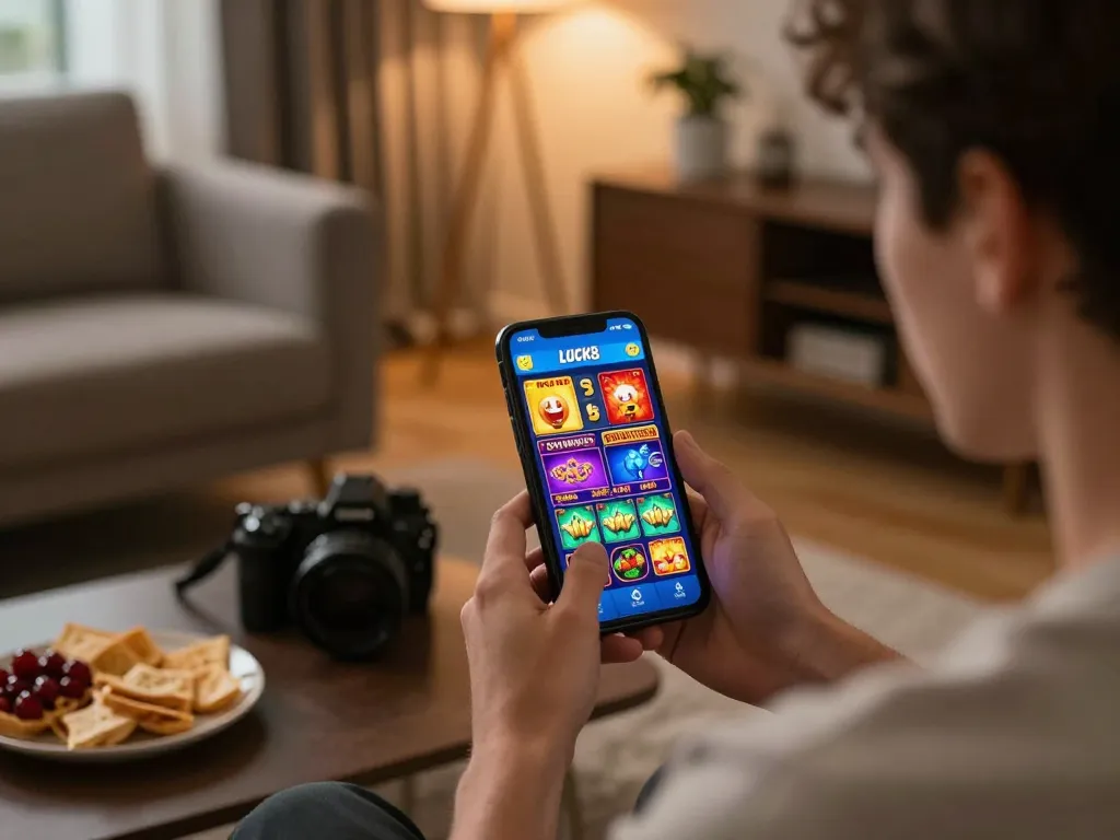 Player engaging with LUCK8 app on phone, immersed in exciting online casino games