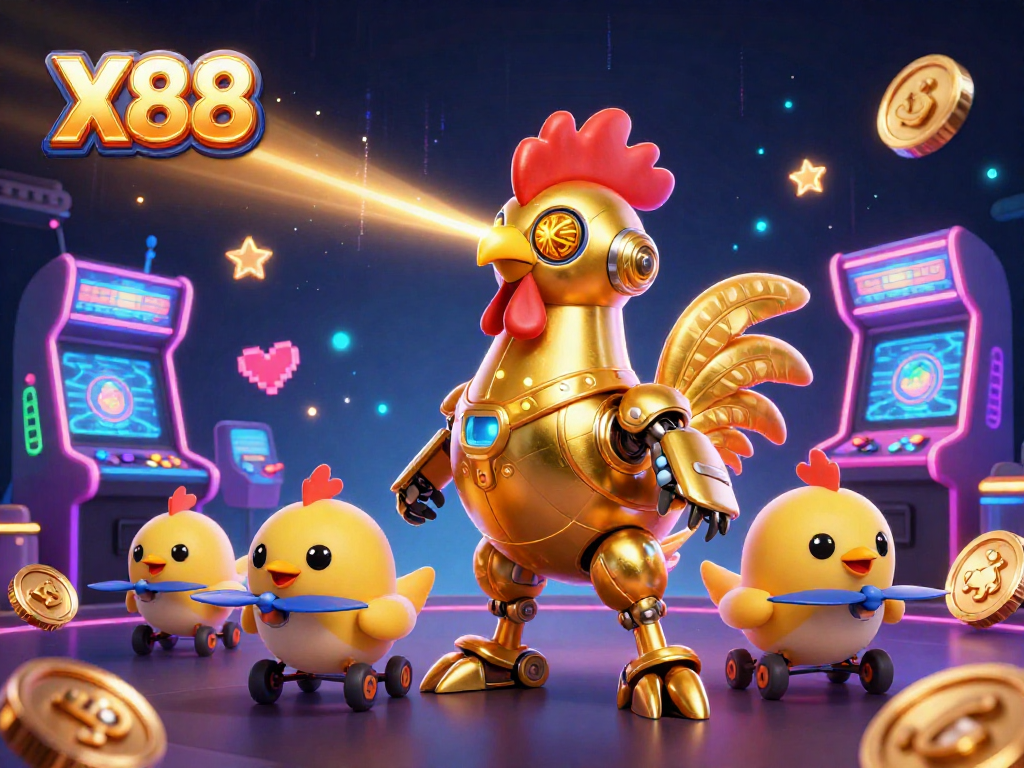 X88 enhances gaming experience with a vibrant 3D scene of a golden rooster robot and baby chick drones.