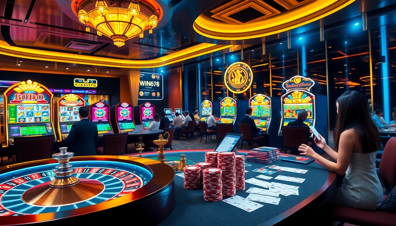 WIN678 players enjoying a luxurious online casino experience with vibrant tables and dynamic betting.