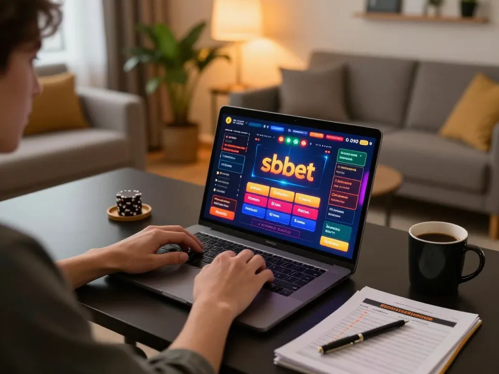 Player engaging with sbobet online casino on a laptop, surrounded by betting strategy notes and warm home ambiance.