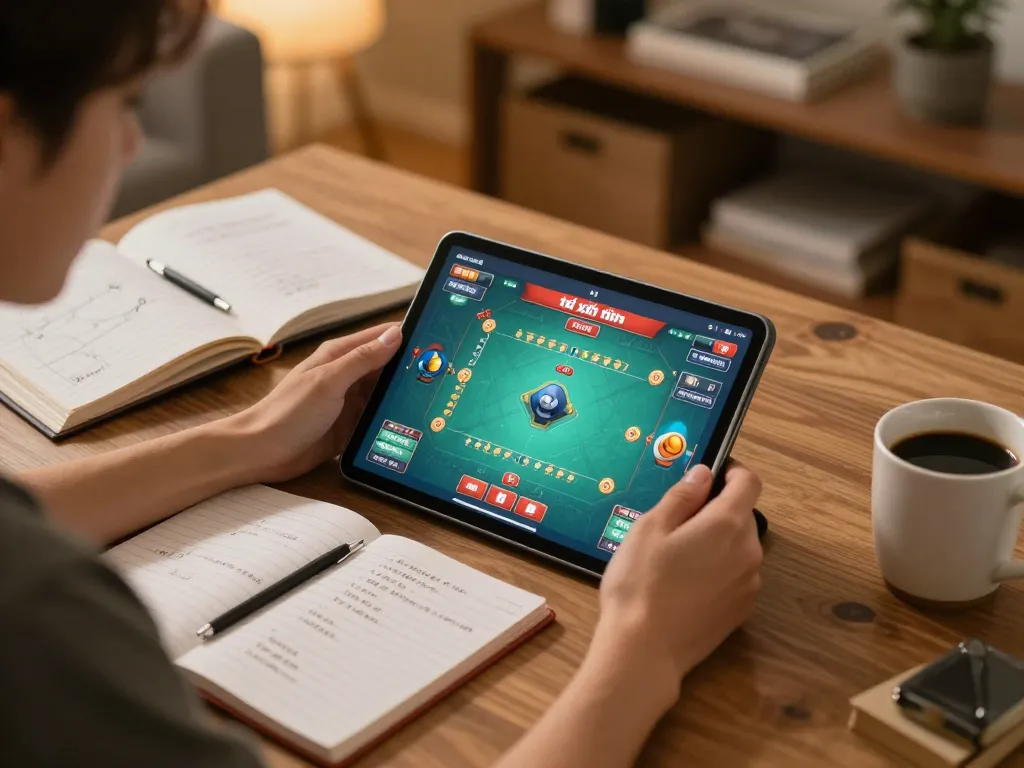 Engaging in game tài xỉu uy tín on a tablet while reviewing strategies at home