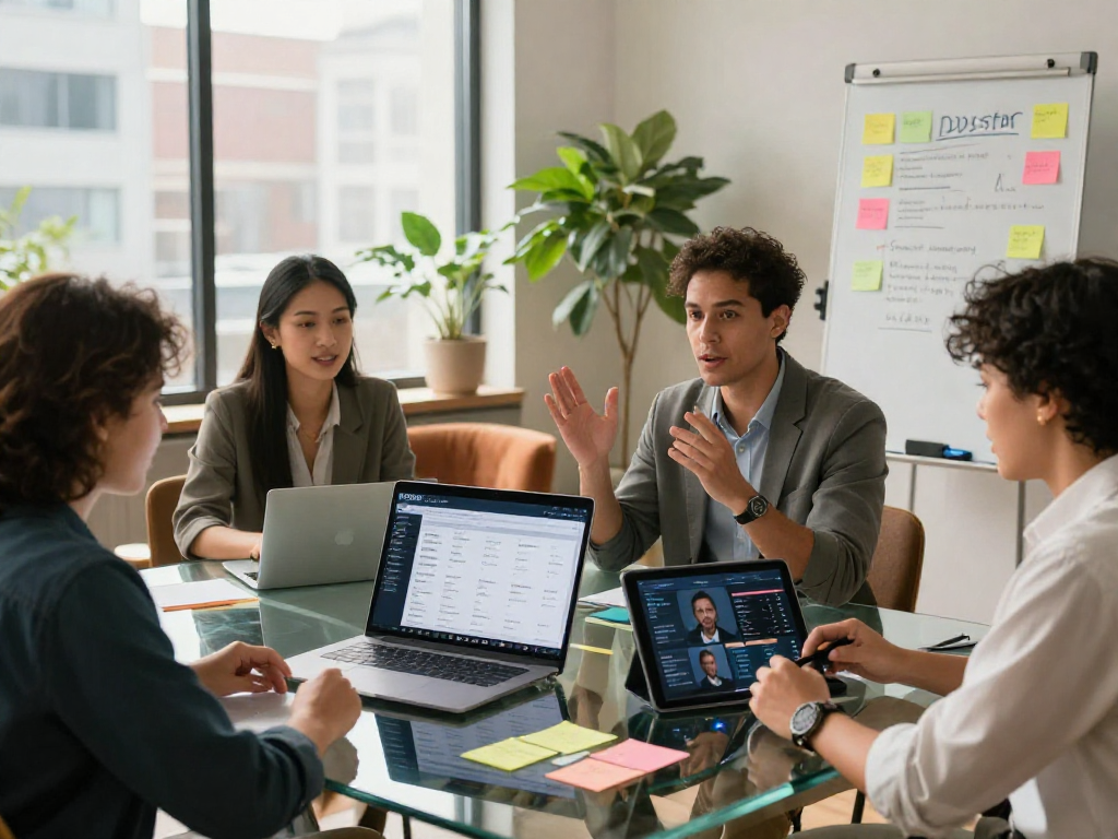 Team of real estate agents using IDXSTAR technology to collaborate on listings and strategies in a modern office.