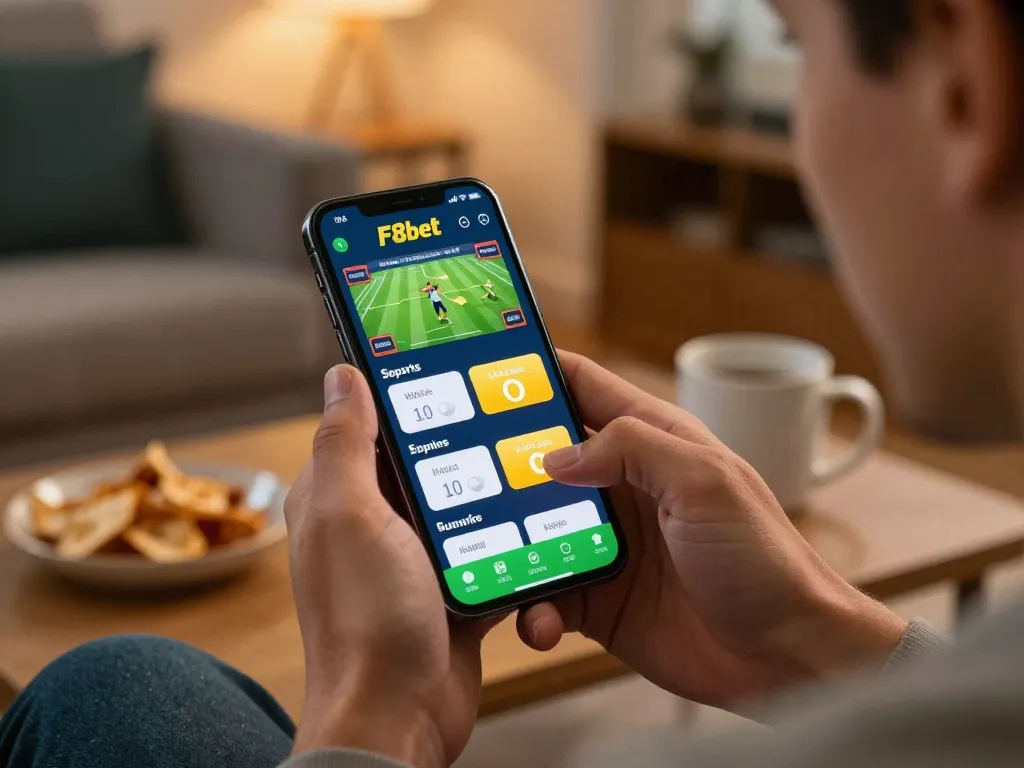 Betting on F8bet app from home, showcasing live sports options and engaging atmosphere.