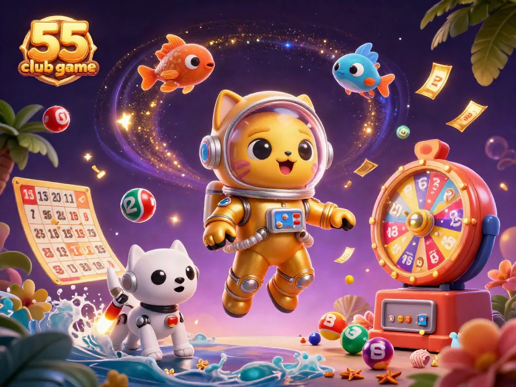 Immerse in the thrill of the 55 club game with dynamic lottery elements and cartoon characters.