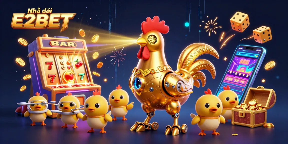 Engage with the exciting world of Nhà cái E2BET featuring a dynamic golden rooster robot and baby chick drones.