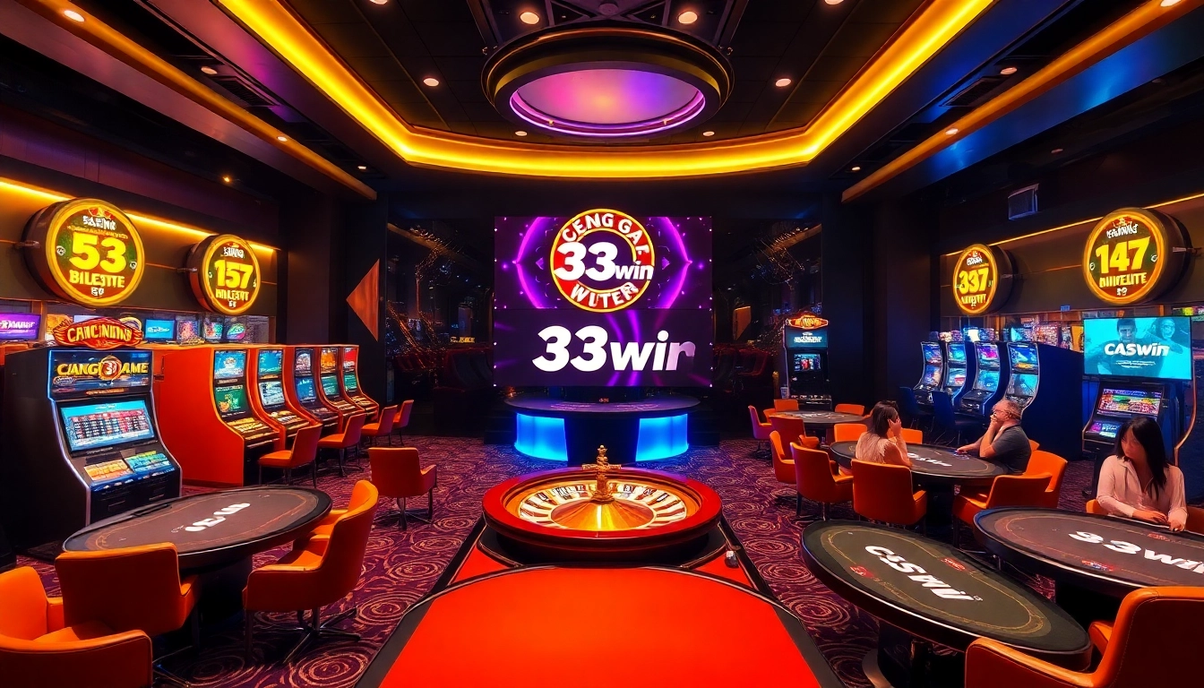 Cổng game 33win features an exciting casino scene with players enjoying poker and slot machines.