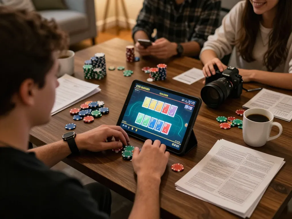 Engaging online poker session on xx88 with player focused on tablet, chips visible