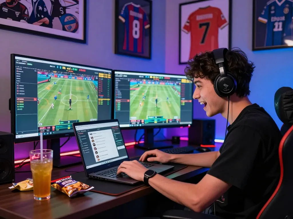 Excited sports enthusiast analyzing kèo nhà cái odds on multiple screens in a vibrant gaming setup.