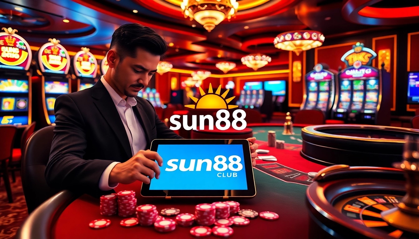 Gambler engaged with the sun88 club tablet, surrounded by vibrant casino elements like slots and poker.
