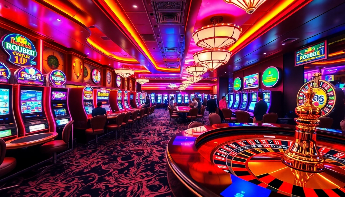 Experience thrilling gameplay at Luckywin's vibrant casino, featuring lively slot machines and poker tables.