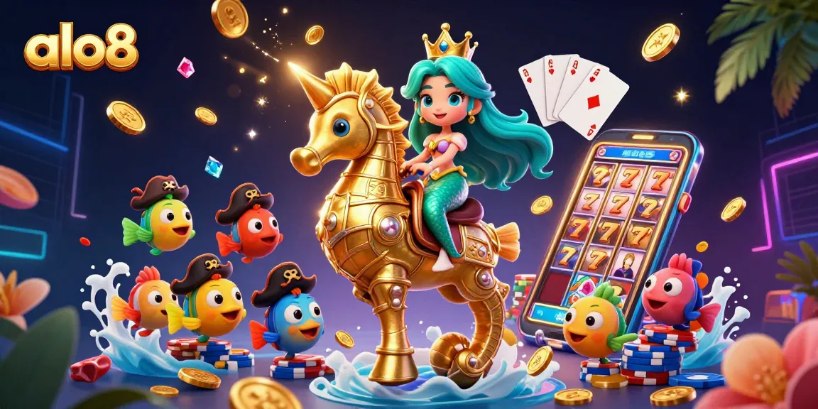 Experience winning with alo8's vibrant casino-themed adventure featuring colorful mermaids and gold coins.