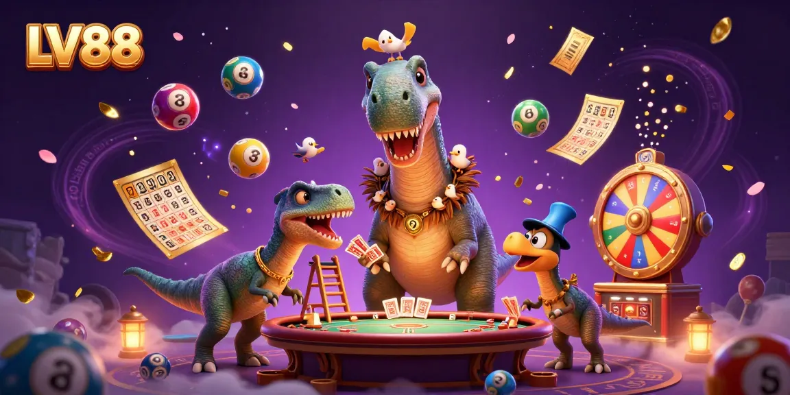 Experience thrilling games at LV88 with a cartoon dinosaur dealer and vibrant casino elements.