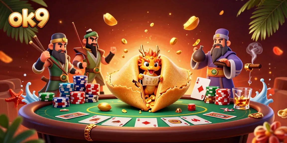 Engage in excitement at ok 9 with a vibrant scene of a golden fortune cookie and poker elements