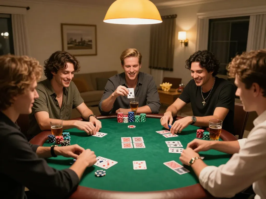 Friends enjoy a lively poker game at home, discussing strategy in a warm atmosphere while playing lu88 bet.