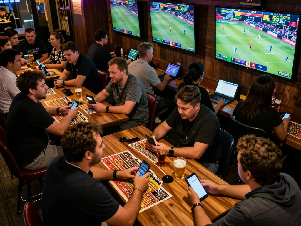 Sports betting excitement at BL555 with patrons placing live bets in a lively sports bar environment.