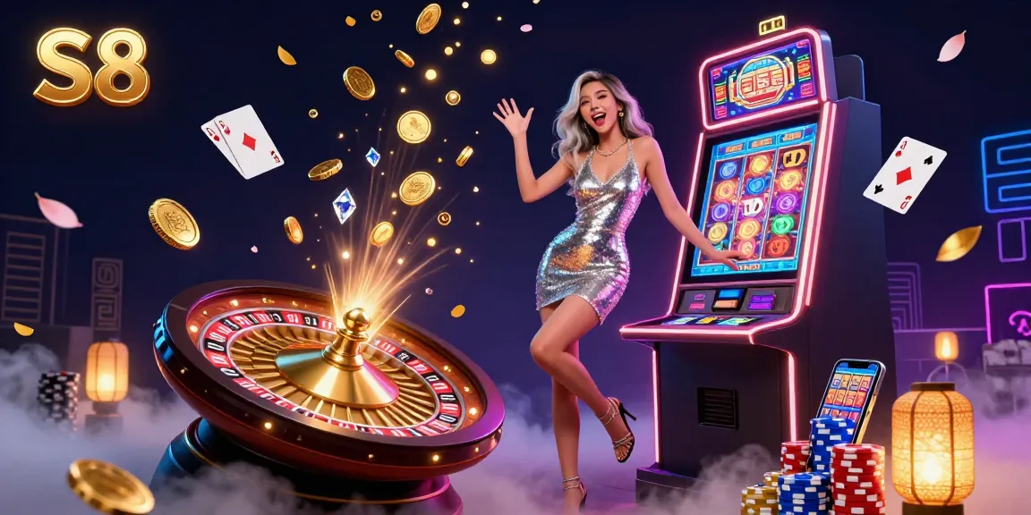 S8 celebrates wins at the casino, showcasing dynamic slot machine action, vibrant colors, and rich gaming elements.