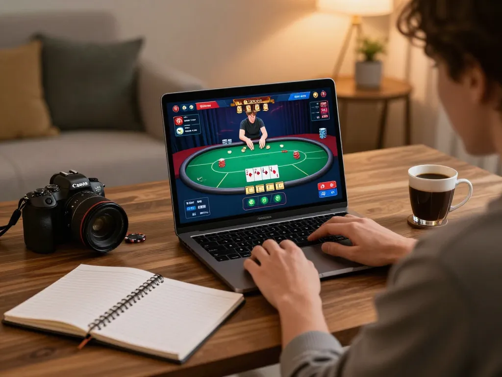 Engaging in a strategic NK88 online poker game from a stylish home office.