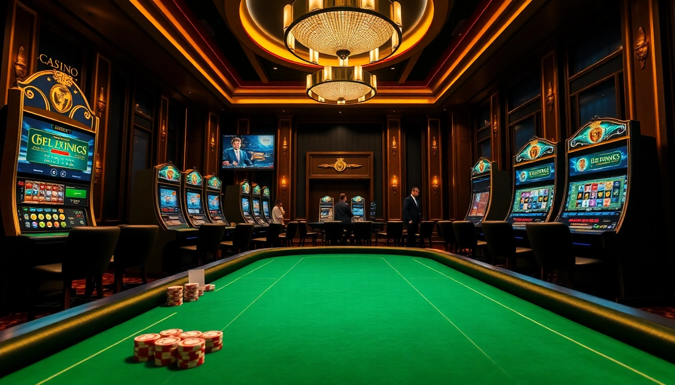 A stunning overview of a luxurious casino environment featuring online gambling elements from https://kjc.football/, filled with engaging casino tables and vibrant slot machines.