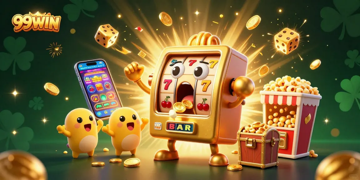 99WIN slot machine hits jackpot, coins spill out in a vibrant casino scene, colorful elements abound.