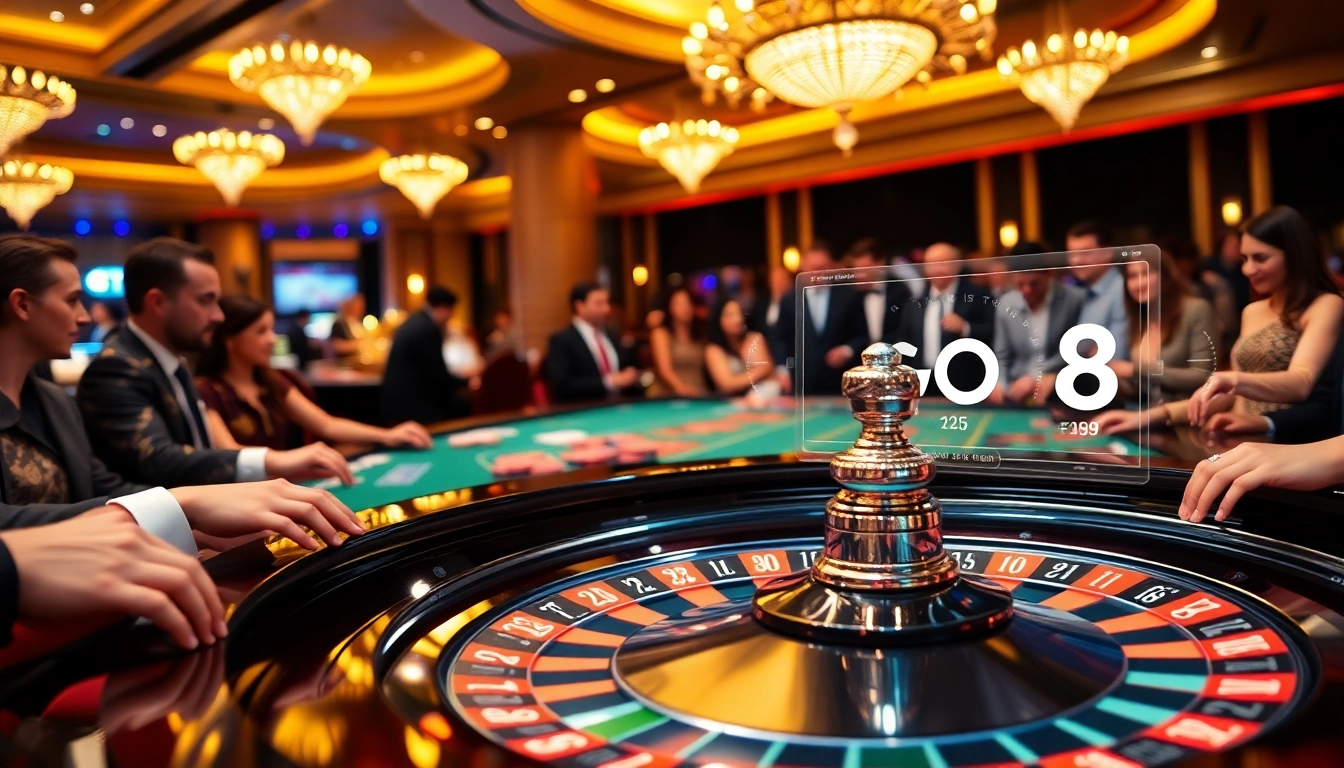 Exciting casino scene at GO8 with players enjoying roulette and poker, showcasing luxury.