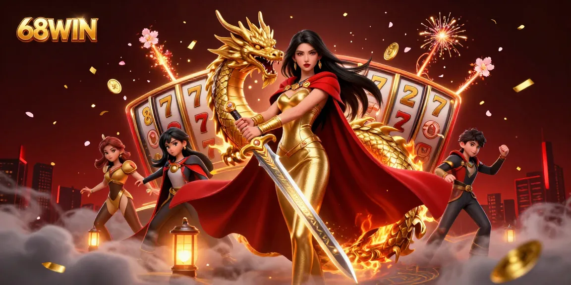 Spin the reels at 68WIN with an enchanting warrior queen and mythical dragon in a vibrant casino scene.
