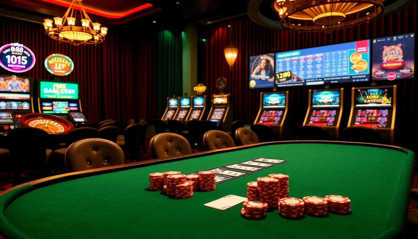 Engage in thrilling gambling at https://88ii88.com/ with a vibrant casino scene featuring poker tables and slot machines.