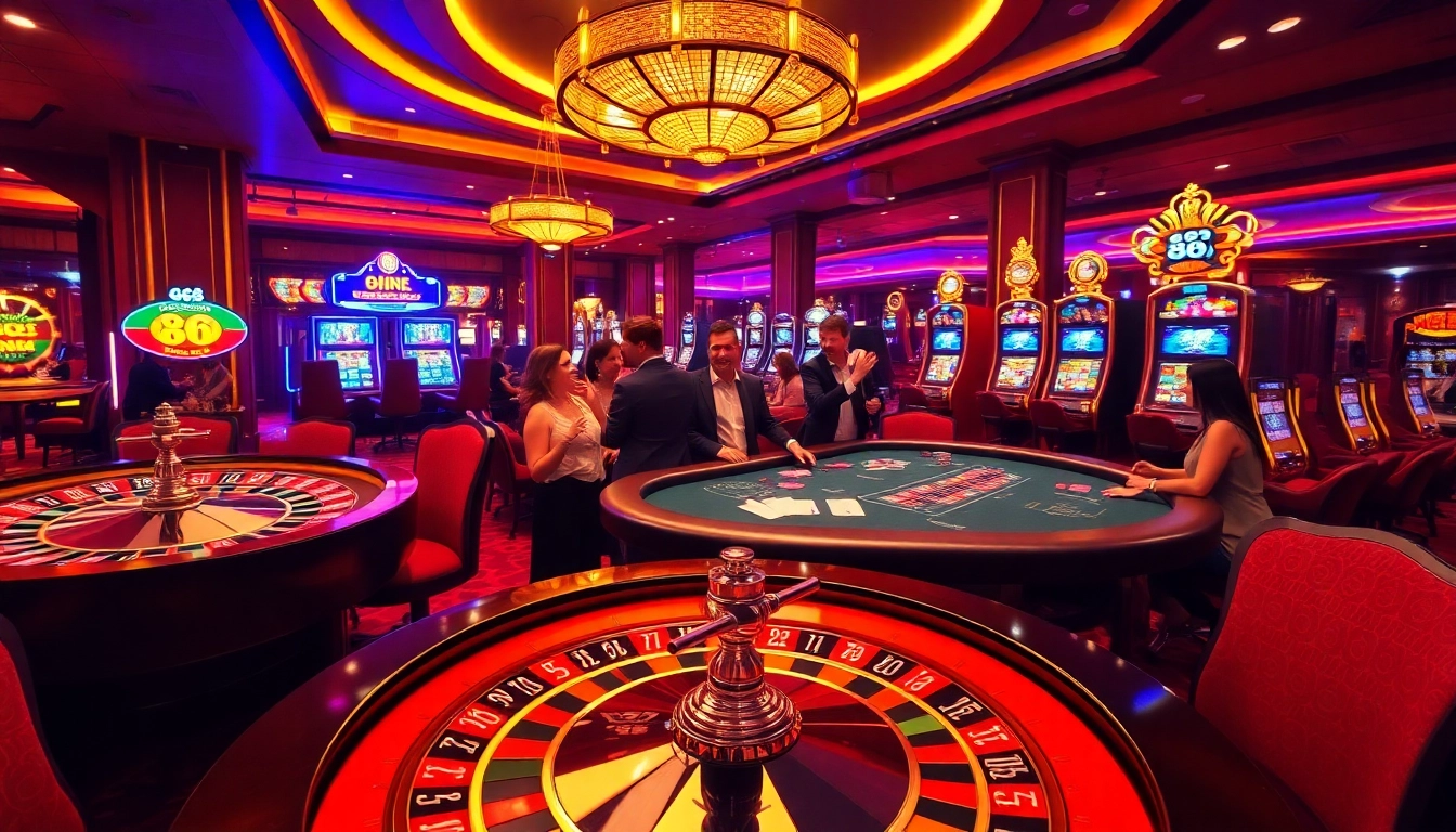 Exciting gaming experience at Go 88 with a luxurious casino table and vibrant slot machines.