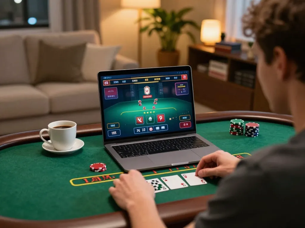 Player engaging in u888 live blackjack, showcasing strategic gameplay in a warm home environment.