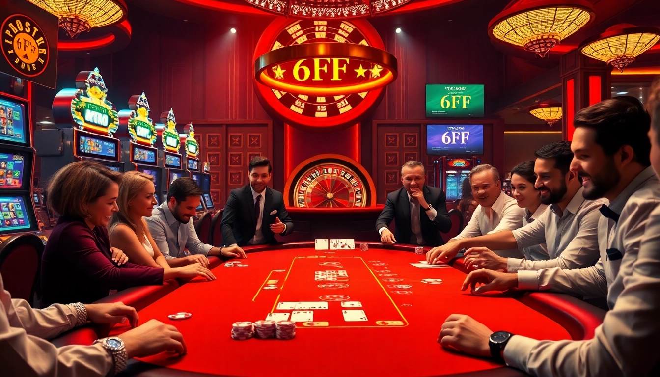 Poker players enjoying a high-stakes game at the luxury casino themed around 6FF.