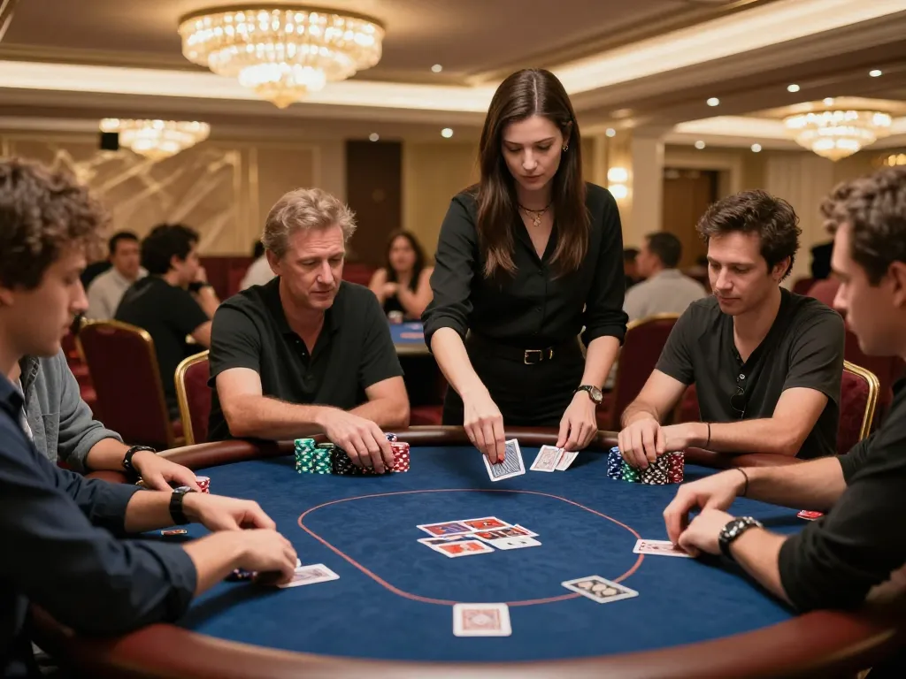 Playing poker at an upscale casino table with players fully engaged in a sumclub game, highlighting the strategy involved.