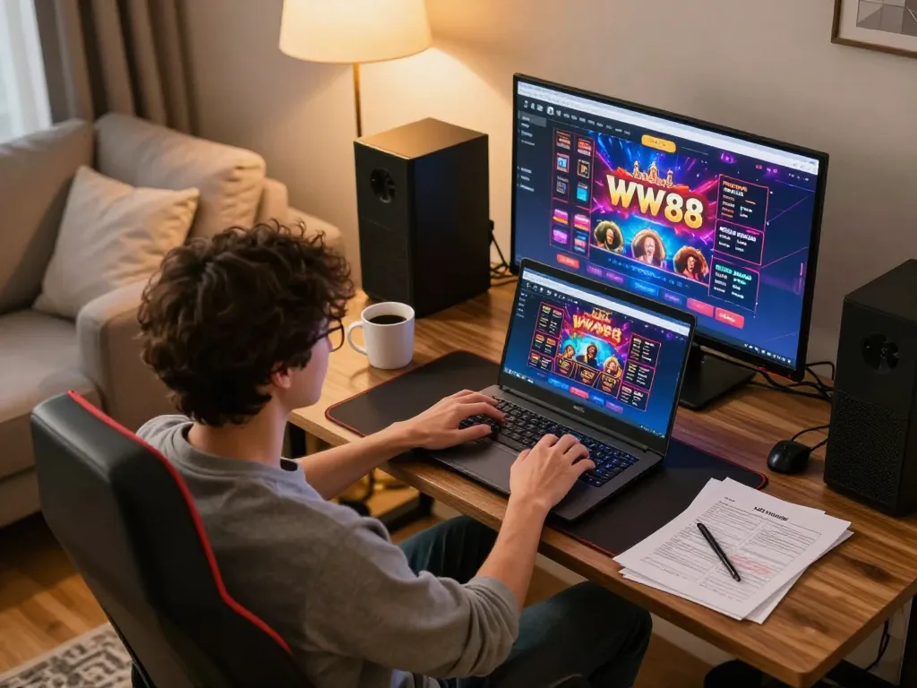 Player engaging with the WW88 online casino interface on a stylish home setup