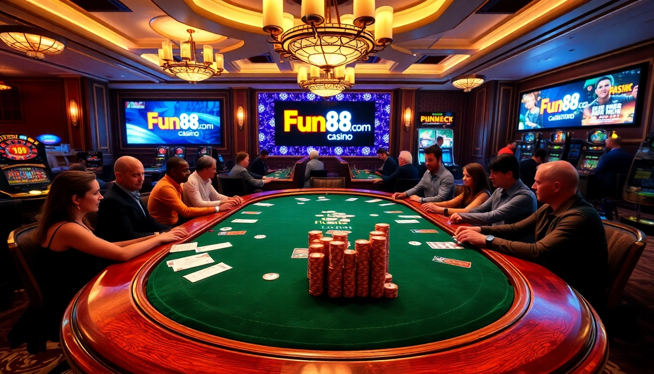 Experience the excitement at Fun88.com with vibrant casino visuals showcasing poker and betting action.