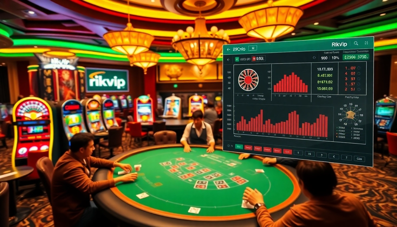 Engaging players at a rikvip online casino with vibrant tables and slot machines, showcasing excitement.