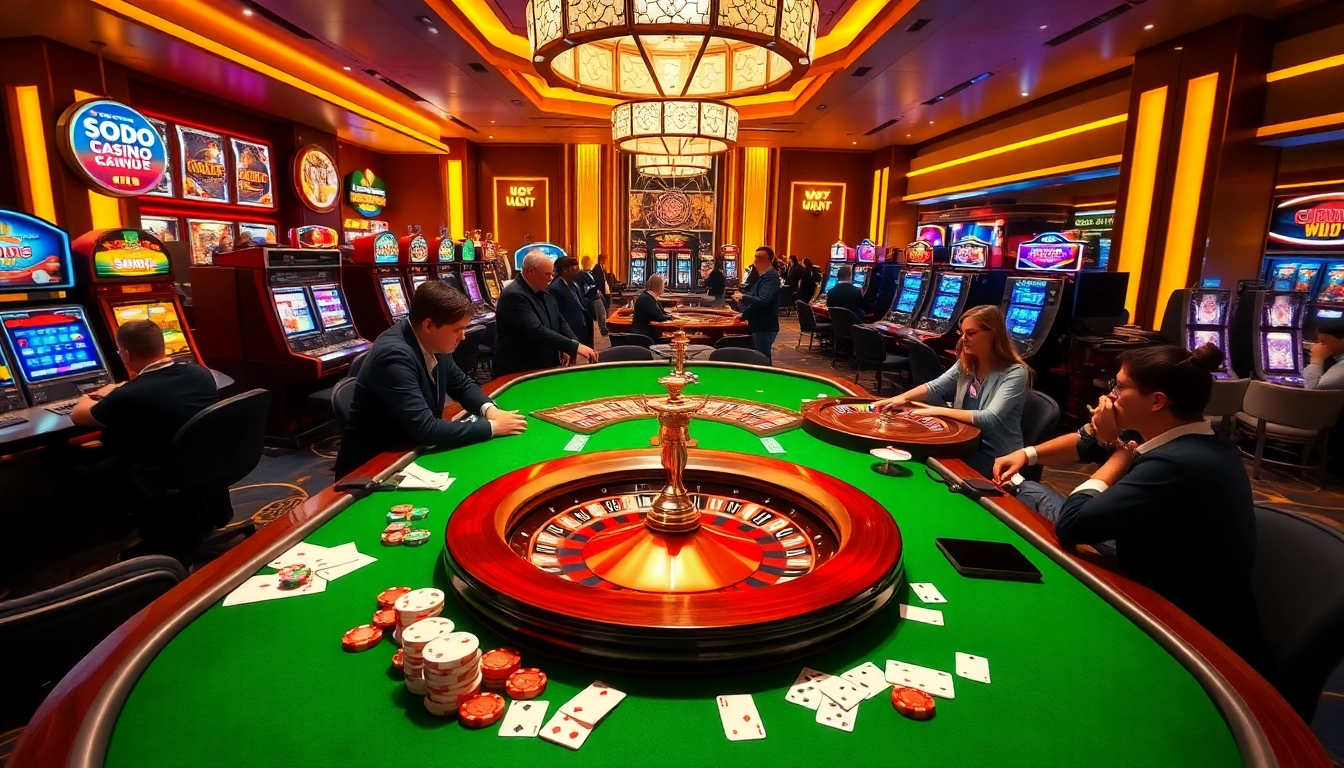 SODO Casino features players enjoying poker with vibrant lights and diverse gaming options.