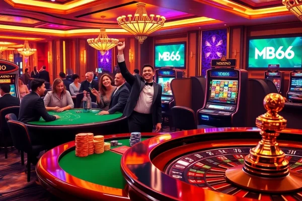 Winning big at MB66 Casino with vibrant poker and slot machines in luxurious ambiance.