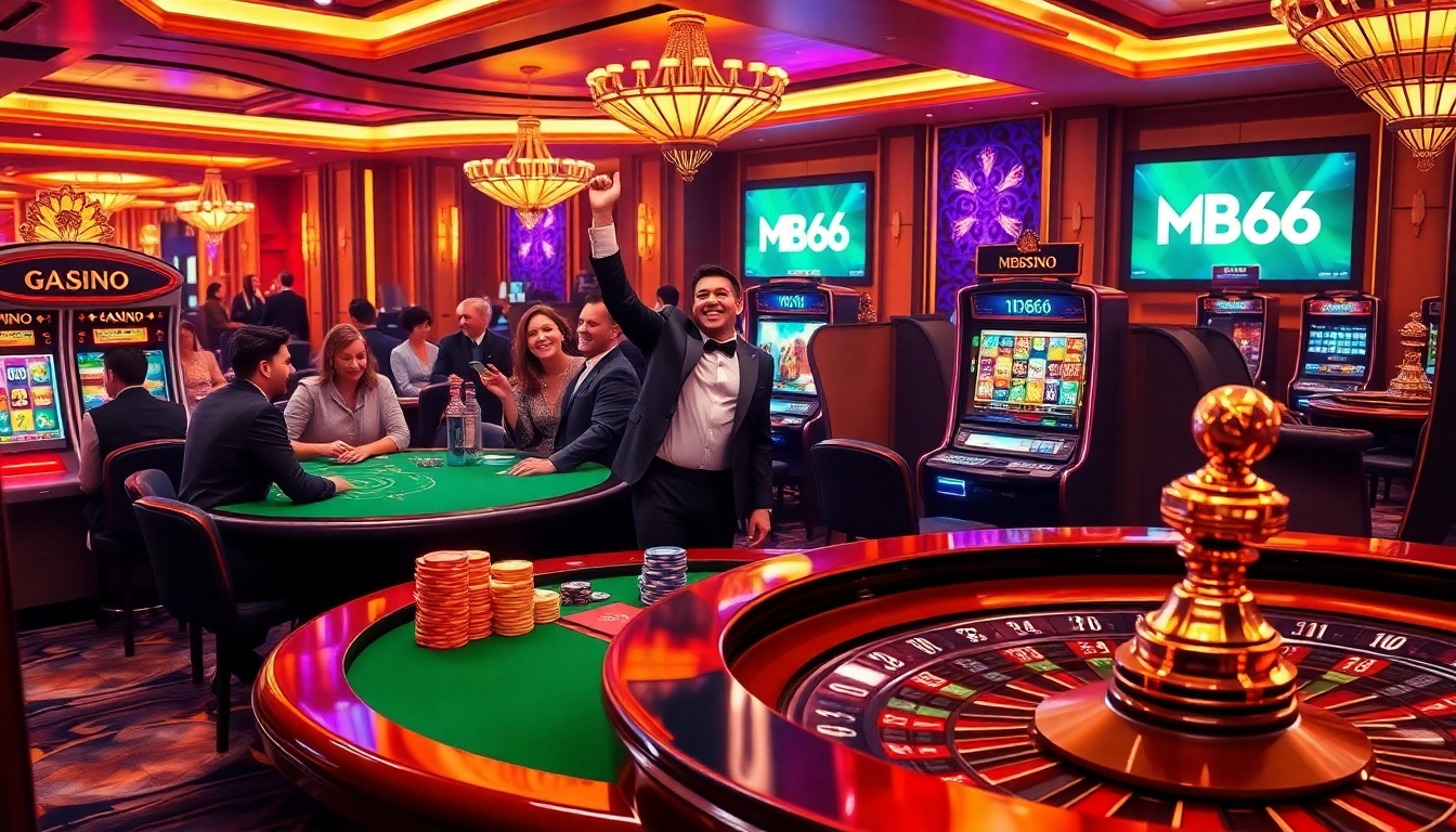 Winning big at MB66 Casino with vibrant poker and slot machines in luxurious ambiance.